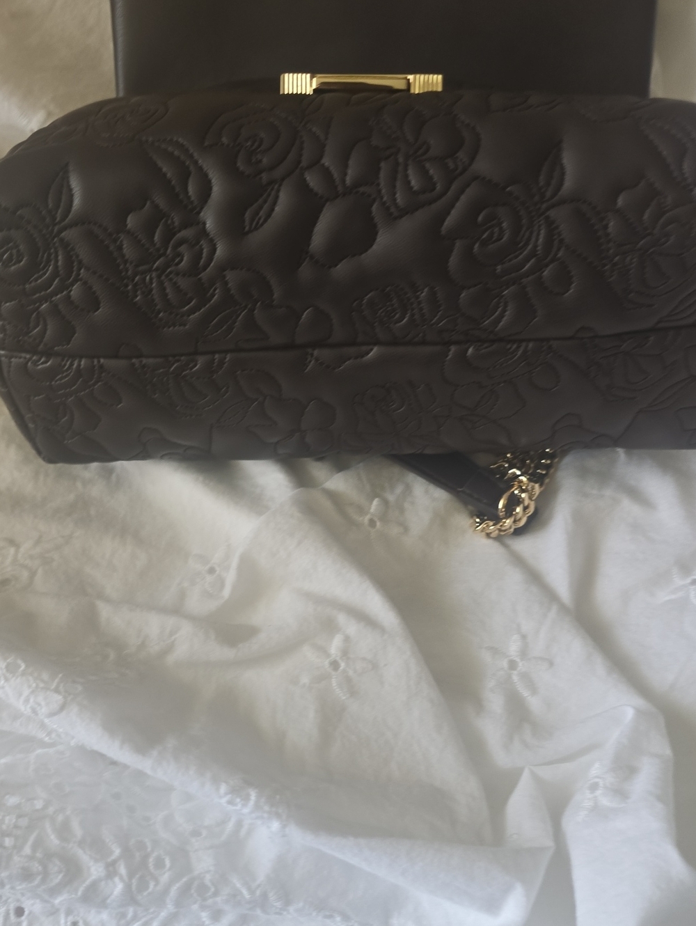Ted Baker London Quilted Floral Shoulder Bag in Dark Brown with Gold Hardware